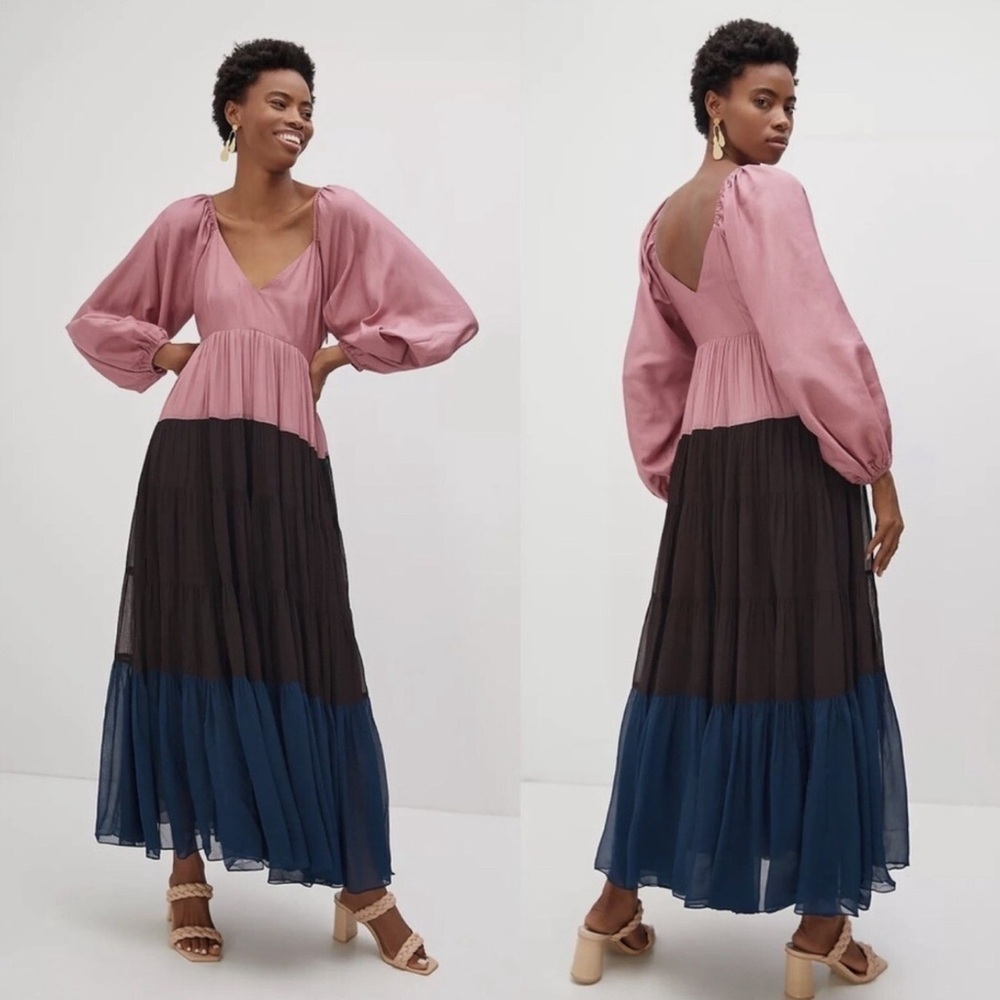 Anthropologie Nirmooha Puff-Sleeved Colorblocked Maxi Dress S